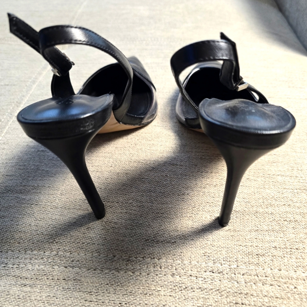 Schutz • Emma Black Leather and Clear Vinyl Pointed-Toe Slingback Pumps Sz 8 - Picture 5 of 11